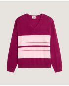 Pull Mafalda 100% Laine col V rayures violet cassis