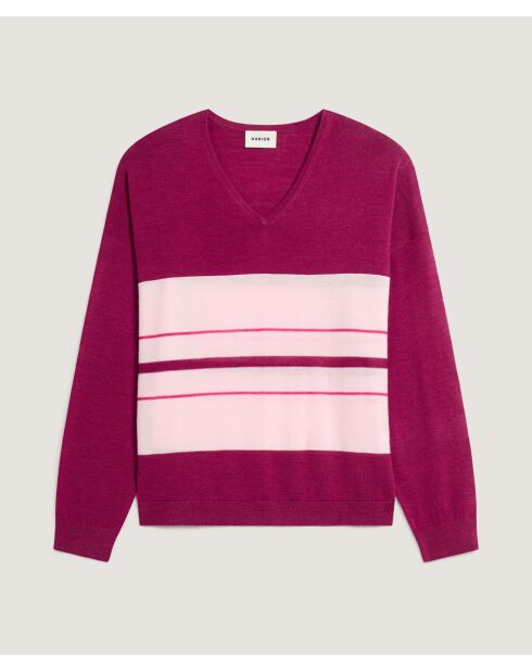 Pull Mafalda 100% Laine col V rayures violet cassis