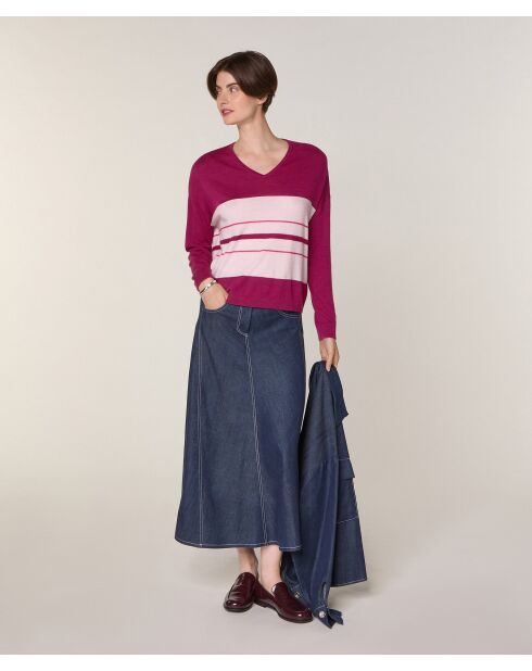 Pull Mafalda 100% Laine col V rayures violet cassis