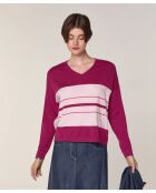Pull Mafalda 100% Laine col V rayures violet cassis