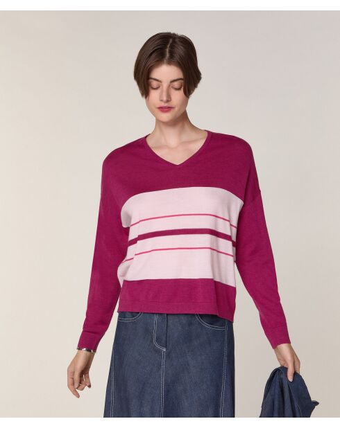 Pull Mafalda 100% Laine col V rayures violet cassis