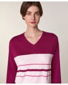 Pull Mafalda 100% Laine col V rayures violet cassis