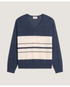 Pull Saoirse 100% Laine col V rayures bleu denim