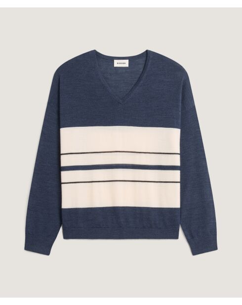 Pull Saoirse 100% Laine col V rayures bleu denim