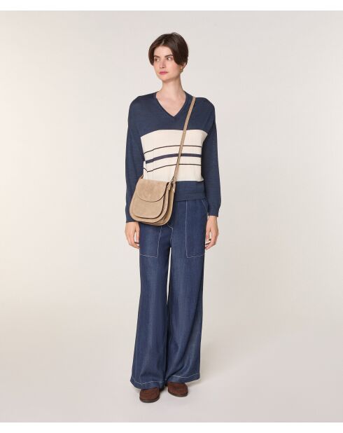 Pull Saoirse 100% Laine col V rayures bleu denim