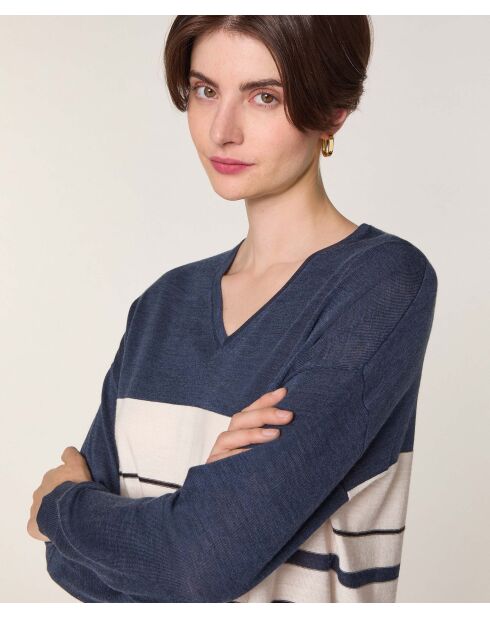 Pull Saoirse 100% Laine col V rayures bleu denim