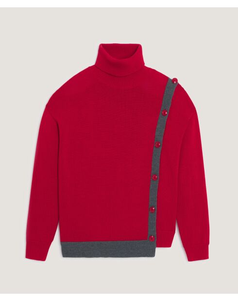 Pull Fleurette 100% laine bicolore boutons rouge