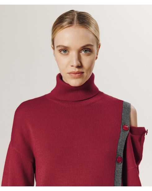 Pull Fleurette 100% laine bicolore boutons rouge