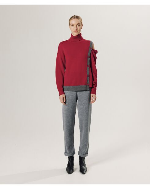 Pull Fleurette 100% laine bicolore boutons rouge