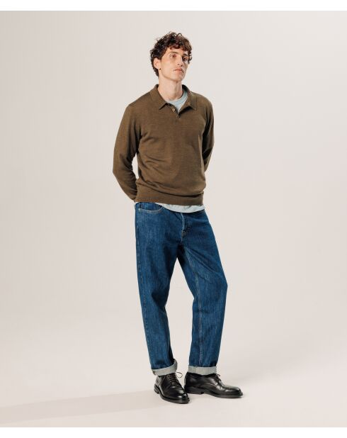 Pull Gérard 100% laine col polo marron écorce