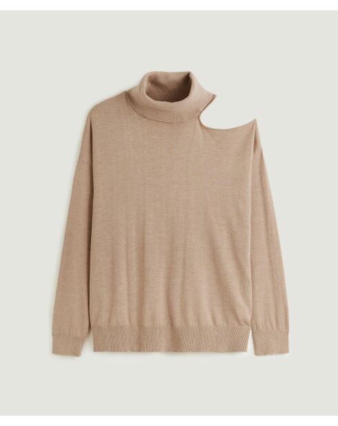 Pull Clémentine, col roulé, épaule dénudée marron moka