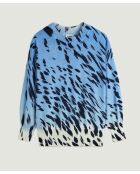 Pull Anémone 100% Cachemire imprimé léopard bleu azur