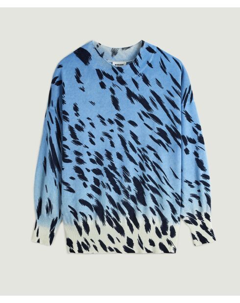 Pull Anémone 100% Cachemire imprimé léopard bleu azur