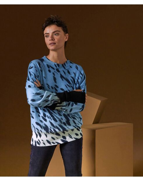 Pull Anémone 100% Cachemire imprimé léopard bleu azur