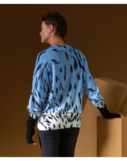 Pull Anémone 100% Cachemire imprimé léopard bleu azur
