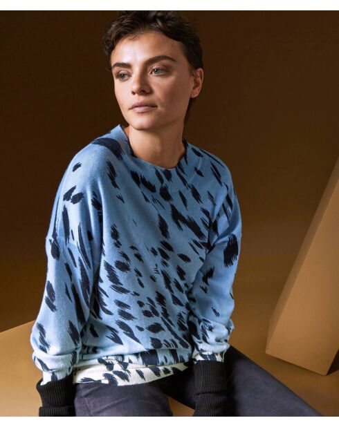 Pull Anémone 100% Cachemire imprimé léopard bleu azur