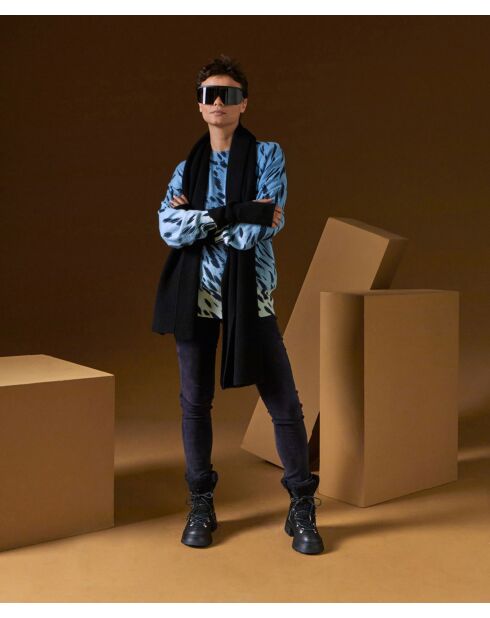 Pull Anémone 100% Cachemire imprimé léopard bleu azur