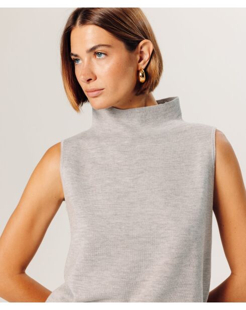 Pull Yvonne 100% laine sans manches col montant gris clair