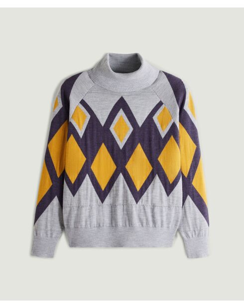 Pull Bethsabée 100% laine col roulé jacquard gris souris