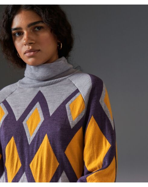 Pull Bethsabée 100% laine col roulé jacquard gris souris