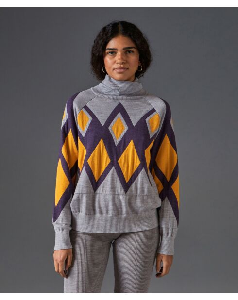 Pull Bethsabée 100% laine col roulé jacquard gris souris