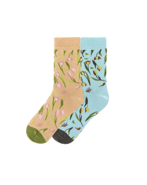 2 paires de chaussettes en coton beige/bleu