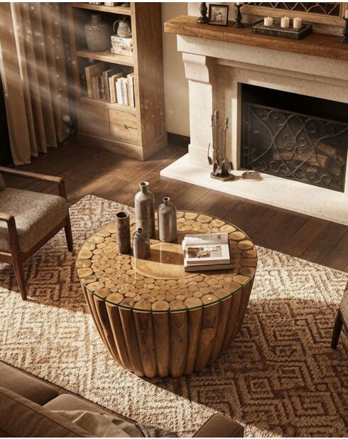 Woodle - Table Basse en Bois Massif avec Plateau en Verre