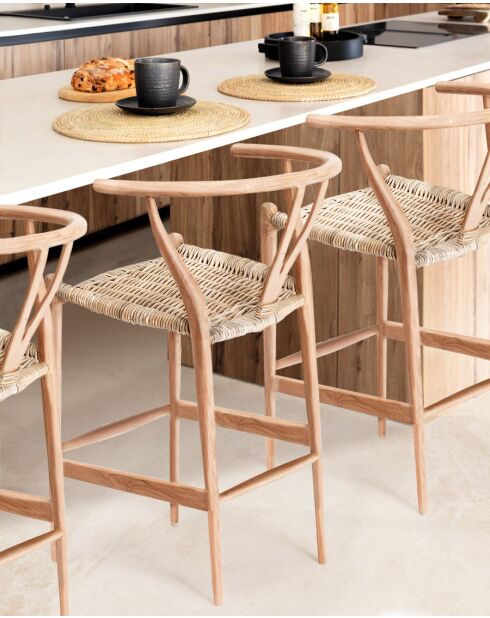 Hirosi - Chaise de bar en teck massif et rotin
