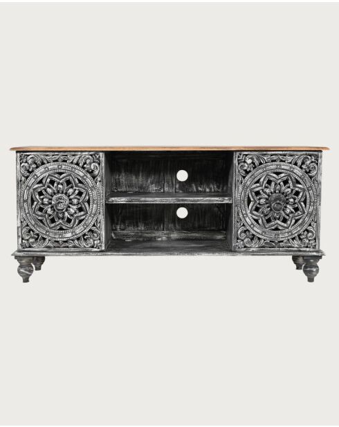 Lotus - Meuble TV cérusé en bois massif de manguier 150 cm