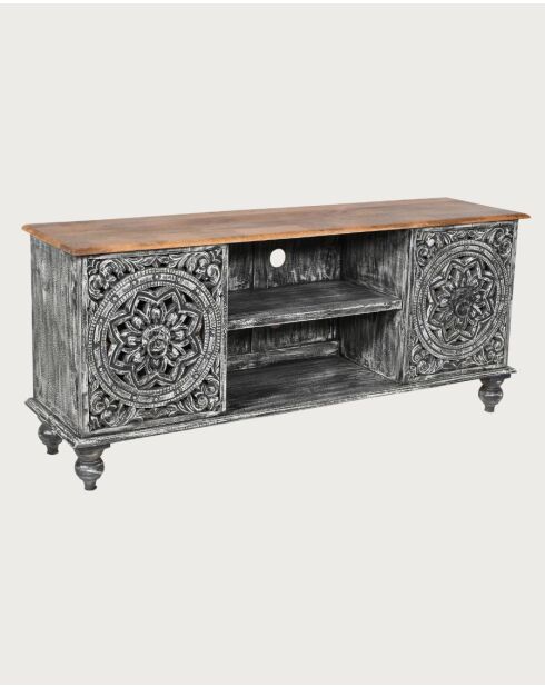 Lotus - Meuble TV cérusé en bois massif de manguier 150 cm