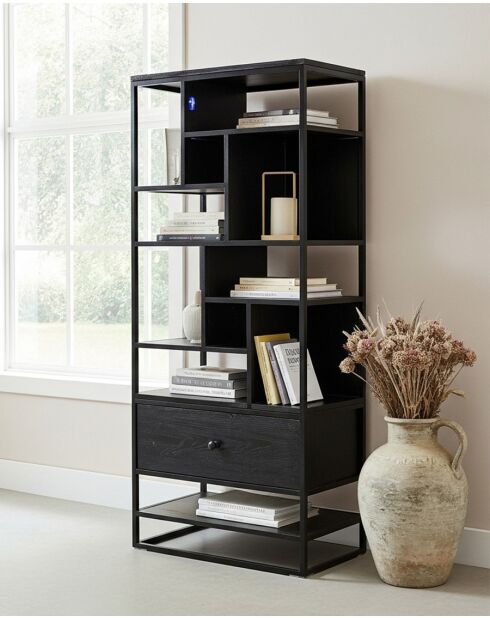 Como - Grande étagère industrielle en teck massif et métal noir