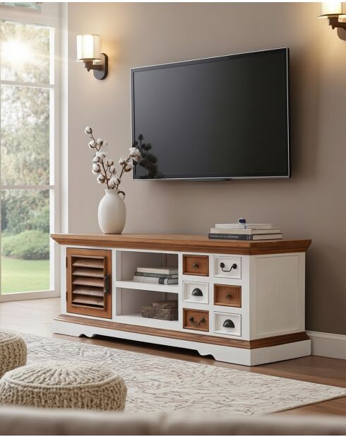 Inda - Meuble TV en bois massif de Sungkai blanc et naturel 140 cm