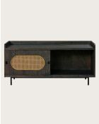 Sanaa- Meuble TV noir porte coulissante en Mindy massif et cannage