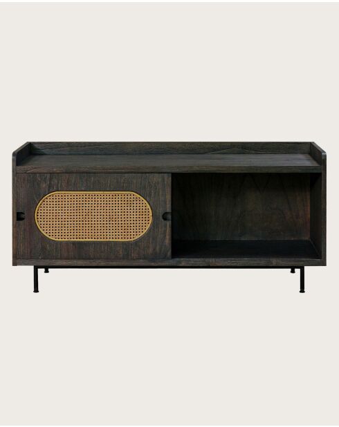 Sanaa- Meuble TV noir porte coulissante en Mindy massif et cannage