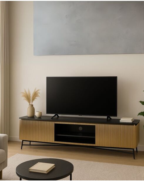 Glory - Meuble tv finition laiton vieilli avec plateau en marbre noir 170 cm