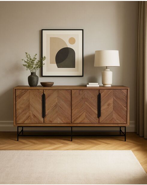 Kappa - Grand Buffet bas en teck recyclé avec motif chevron et métal 180 cm