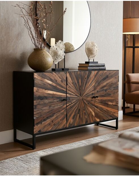 Mandala - Buffet bas 3 portes en teck recyclé et métal noir 145 cm