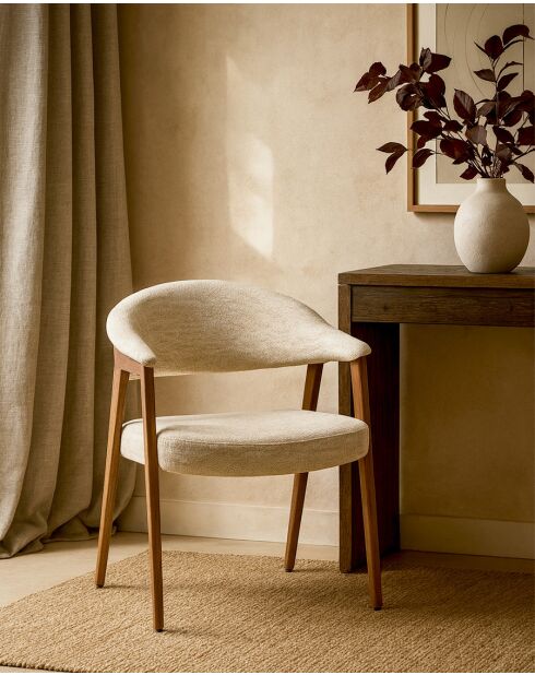 Soria - Chaise salle à manger en tissu beige piétement finition bois blanchi