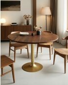 Prague - Table repas ronde en bois massif et pied tulipe doré D110 cm 6 pers