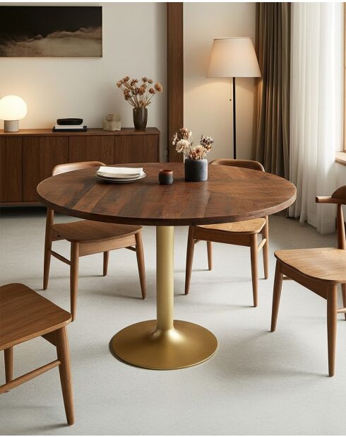 Prague - Table repas ronde en bois massif et pied tulipe doré D110 cm 6 pers