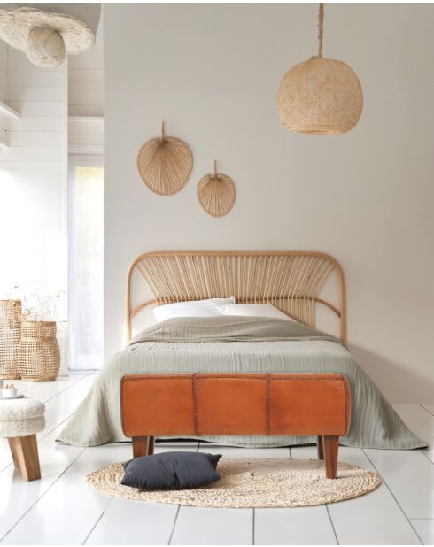 Tula - Banc rembourré en teck massif et cuir marron