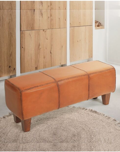 Tula - Banc rembourré en teck massif et cuir marron