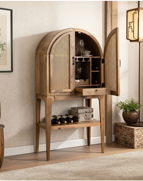 Wine Cabinet - Meuble bar en bois massif de manguier avec cannage naturel