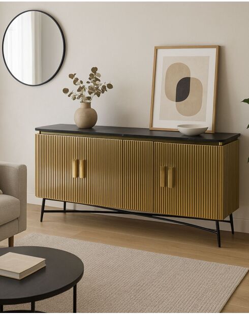 Glory - Grand buffet finition laiton vieilli avec plateau en marbre noir 160 cm