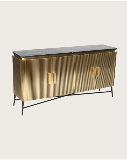 Glory - Grand buffet finition laiton vieilli avec plateau en marbre noir 160 cm