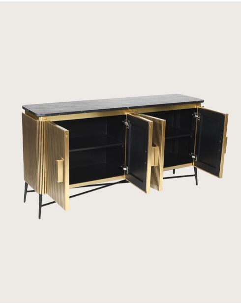 Glory - Grand buffet finition laiton vieilli avec plateau en marbre noir 160 cm