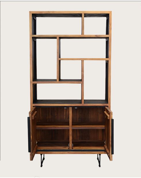 Kappa - Petite bibliothèque industrielle en teck maffis recyclé avec motif chevron 100 cm