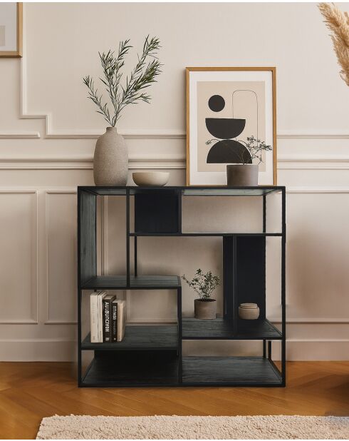 Como - Petite étagère industrielle en teck massif et métal noir