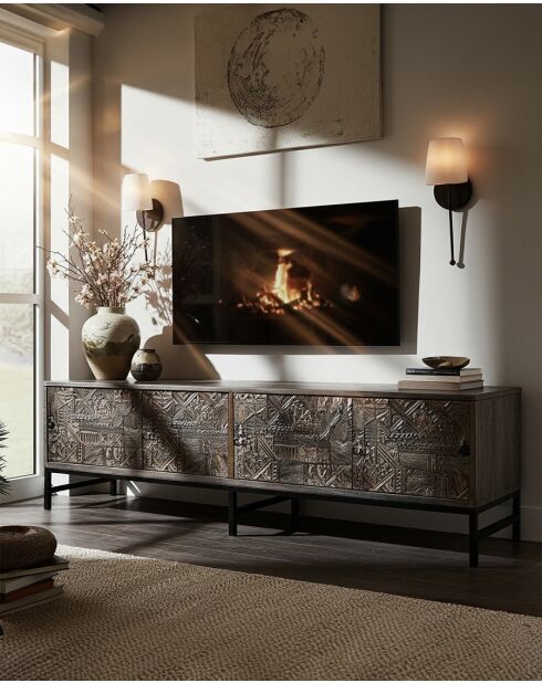 Hawaï - Meuble TV noir en manguier massif sculpté 160 cm