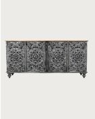 Lotus - Grand buffet noir cérusé en manguier massif sculpté 180 cm